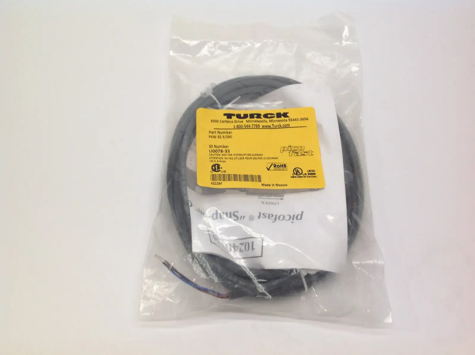 PKW 3Z-5/S90 | Turck  PicoFast 3 Pin Molded Cordset U0078-33 - New