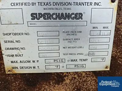 USED Superchanger 443.3 Sq Ft Tranter Superchanger Plate Heat Exchanger, 100#