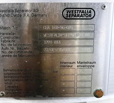 Westfalia CRA 160-96-076 hermetic super-clarifier, SS.