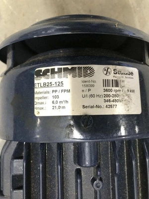 Schmid/ A/V Stubbe ETLB25-125 .9kW PP Sealless Immersion Chemical Pump 3PH 6m3/h