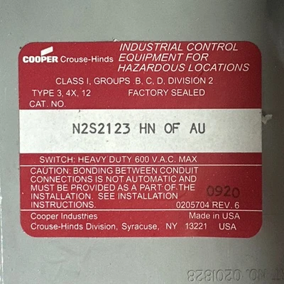 NEW CROUSE HINDS N2S2123 HN OF AU