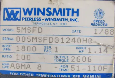 NEW WINSMITH 5MSFD GEAR REDUCER 100:1 005MSFDG1240H0