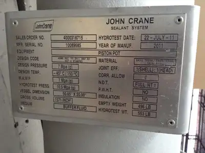 John Crane Sealant System Stainless Steel Piston Pot/Accumulator 1015PSI 6.8 Gal