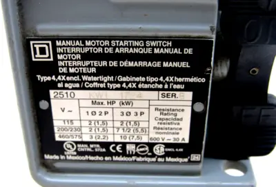 USED SQUARE D 2510-KW1-1724 MANUAL MOTOR STARTING SWITCH SERIES B 2510KW1 1724