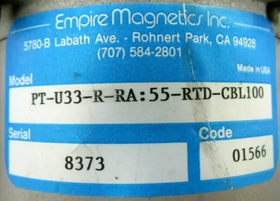 USED EMPIRE MAGNETICS PT-U33-R-RA:55-RTD-CBL100 MOTOR PTU33RRA55RTDCBL100