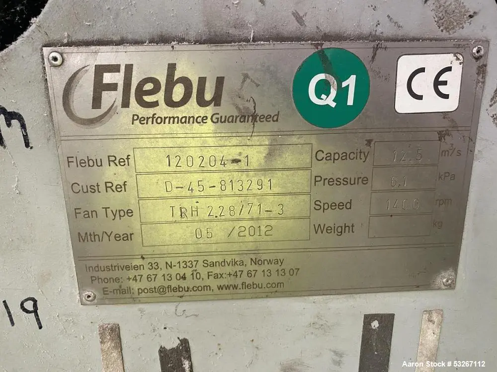 Used Flebu 12.5 m³/s (26,460 CFM) Stainless Steel Blower – 300 HP, TRH 2.28/71-3, Built 2012