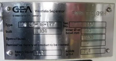 Westfalia SC 35-06-177 Hydrostop clarifier centrifuge, 316SS.