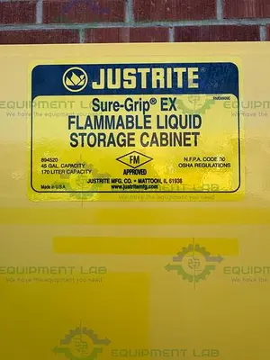USED JUSTRITE 45 GALLON FLAMMABLE LIQUID STORAGE CABINET W/ SOFT CLOSE DOORS, KEY