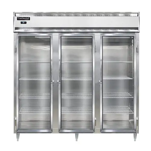 Continental D3RNSSGD 78" Three Section Reach In Refrigerator, (3) Left/right Hinge Glass Doors, Top Compressor, 115v