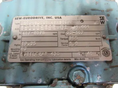 Sew R27D16DT80K4BMG05HR 19.35:1 Ratio 22-107RPM Out 230/460V Inline Gear Motor