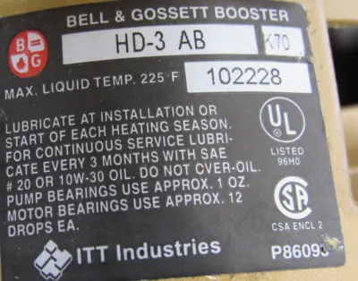 NEW BELL & GOSSETT 102228 CIRCULATING PUMP HD-3AB 1/3HP 115/230V M80121