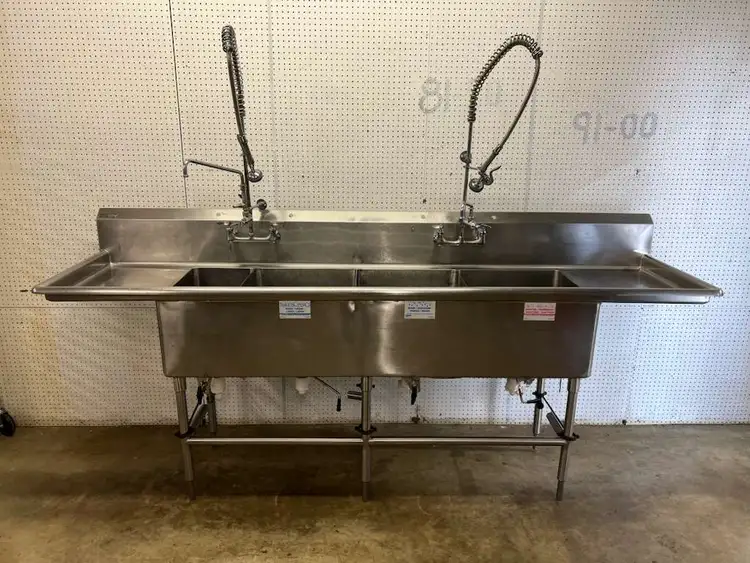 Used Falcon Restaurant Supply Used 108" Stainless 4 compartment Sink with 2 Sprayers and Twist Drains - FG Sinks Illinois US | Falcon Restaurant Supply #1374934