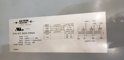 Daykin Transformer 7.5KVA; 480-230v  D7.5EN-4966