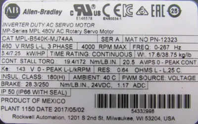 REFURBISHED ALLEN BRADLEY MPL-B540K-MJ74AA SERVO MOTOR MPLB540KMJ74AA