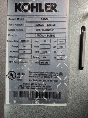 NEW 2021 20 KW Enclosed Kohler 20RCAL Natural Gas Propane Generator 240V 1Phase