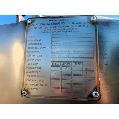 Used 2,000 L 316L Stainless Jacketed Pressure Vessel Reactor Slurry Feed Tank