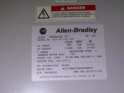 20BD156A0AYNANC0 / B Allen Bradley 156 460V 125HP Powerflex 700 W/ CABINET #S610