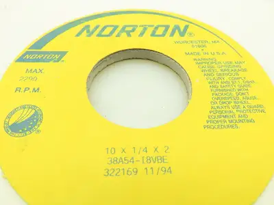 Norton 10 x 1/4 x 2" 38A54-I8VBE Grinding Wheel 322169 11/94 2290RPM
