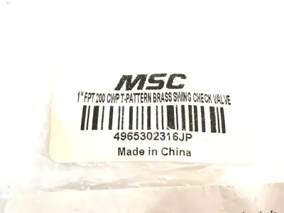 USED MSC, VALUE COLLECTION CHECK VALVE, 1" PIPE CHECK SWING, 4965302316JP
