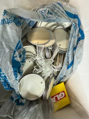 Box of Plastic Storage Bags and Round Paper Tags with Strings