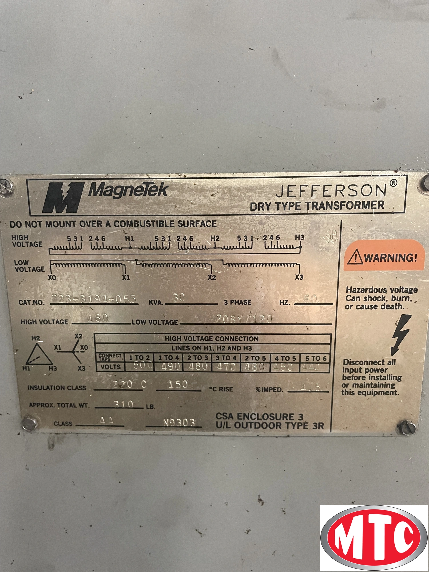 Magnetek Jefferson 30 KVA Transformer