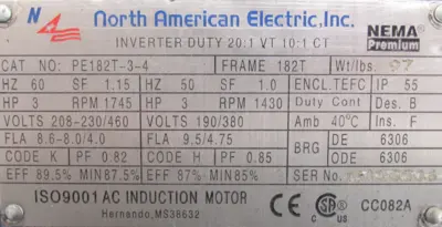 NEW NORTH AMERICAN ELECTRIC PE182T-3-4 MOTOR 3HP 208-230/460V PE182T34