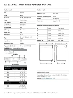 New 300 KVA Dry Type Transformer 480 Delta 208Y/120 423-9314-000 FREE SHIPPING