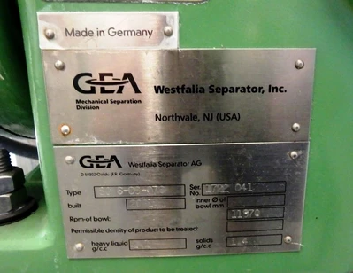 Westfalia CSC 6-06-076 hydro-hermetic clarifier skid, 316L SS.
