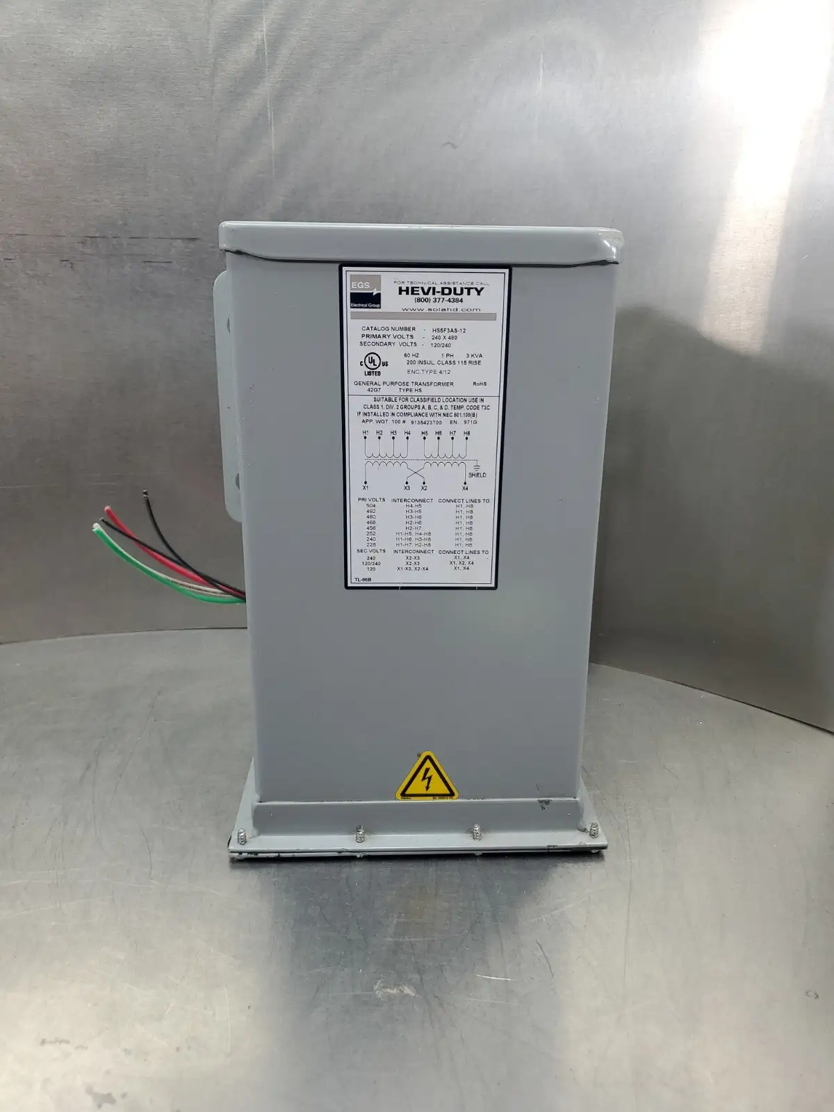 EGS Hevi-Duty HS5F3AS-12 Transformer PRI 240 x 480 SEC 120/240, 3 KVA. 4F