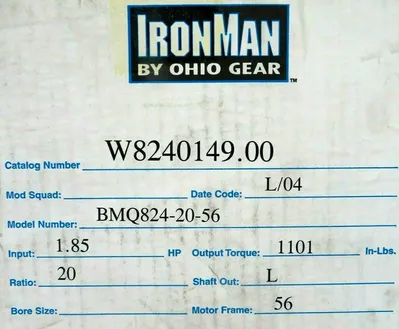 NEW OHIO GEAR BMQ824-20-56 GEAR REDUCER 20:1 W8240149.00 BMQ8242056