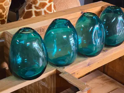 Lot of (4) Handblown Art Glass Table Vases by Holmegaard 6" x 7" (blue) (rounded triangle)