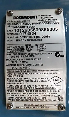 Rosemount Magnetic Flowtube Series 8700,  model 8705FHA080C1W0N0B3Q4Q8Q66, size 8"-150 , Unused Spare Room