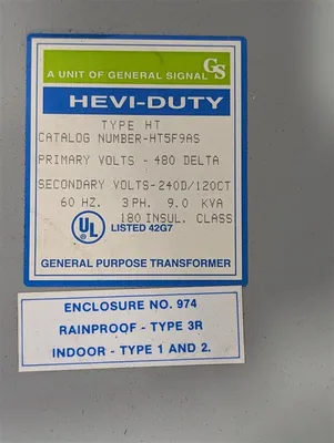 9kVA General Signal HT5F9AS Hevi-Duty Transformer PRI 480 Delta SEC 240D/120 Used