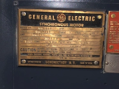 400 HP General Electric Synchronous Motor 720 Rpm 4800 Volts