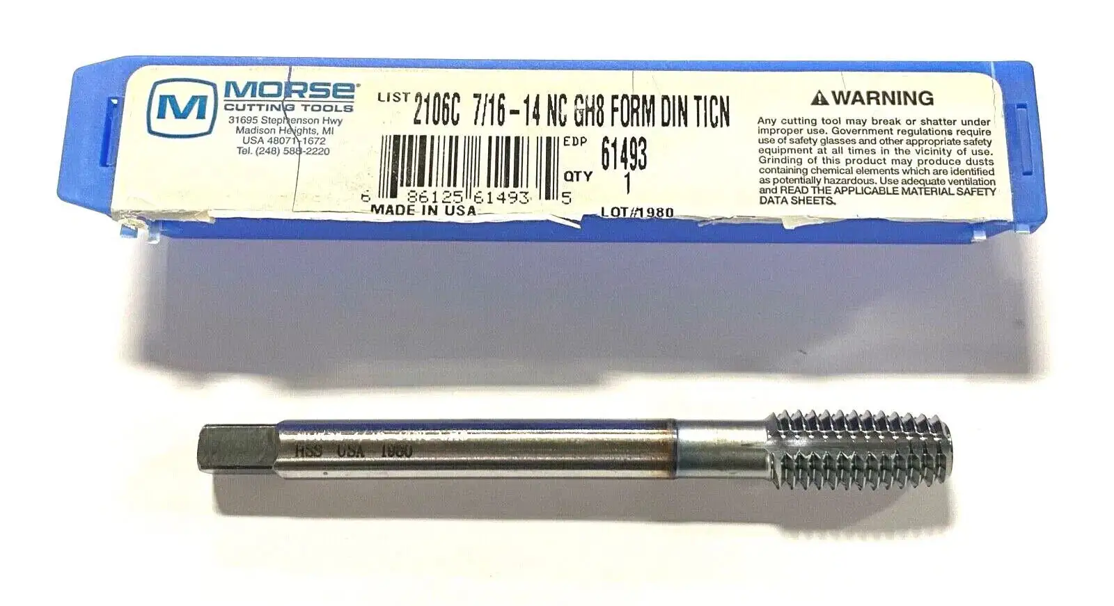 Morse 7/16-14 Thread Forming Plug Tap TiCN GH8 Extra Reach High Performance USA