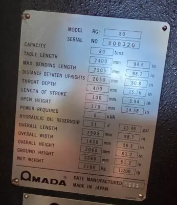 Used AMADA RG-80 Press Brakes California US | Sterling Machinery Exchange #1465711