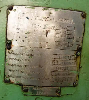 Alfa-Laval FOPX 605 TFD-24-60 oil purifier, SS bowl.