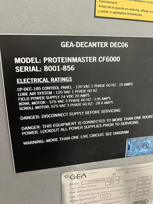 USED 2020 GEA WESTFALIA PROTEIN MASTER CF 6000