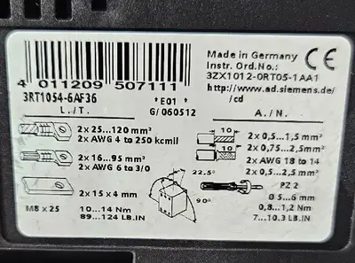 Siemens 3RT1054-6AF36 Non-Reversing Magnetic Contactor. Loc 4C-30