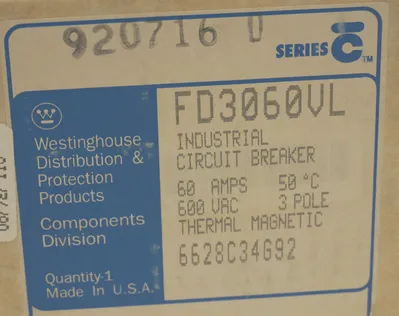 NEW WESTINGHOUSE FD3060VL CIRCUIT BREAKER SER. C, 60A, 600VAC, 3 POLE