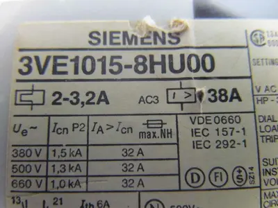 Siemens 3VE1015-8HU00 Motor protector starter 2-3.2Amp 3 pole 660V