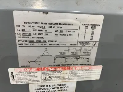 75 KVA SORGEL ELECTRICAL TRANSFORMER 480 <-> 208Y/120 VOLT: YOBRO #24367