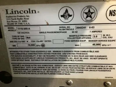 152-0781 Lincoln 1116 Natural Gas Conveyor Pizza Oven