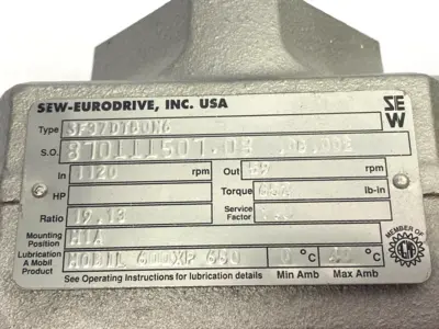 New | in-Stock SEW-EURODRIVE Motor .75HP w/ SF37DT80N6 Gearmotor 1120/59RPM SHELFWARE Gearmotors Michigan US | Maverick Industrial Sales #1389581