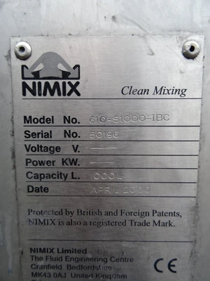 1,000L Nimix S/S Enclosed Mixing Tank