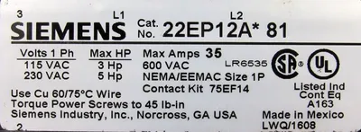 NEW SIEMENS 22EP12A*81 STARTER SIZE 1P 35A 600V 22EP12A81