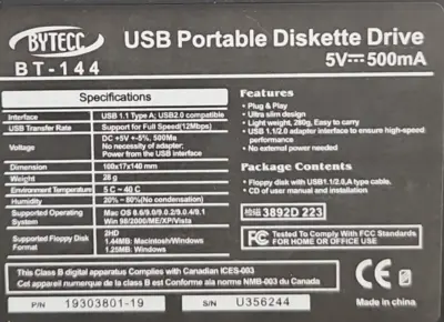 Bytecc BT-144 USB Portable Diskette Drive loc3C30