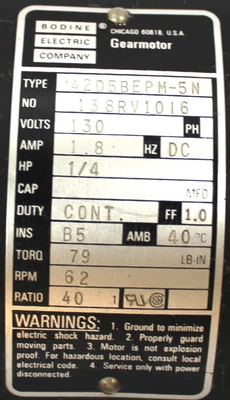 Bodine 142D5BEPM-5N Gear Motor 130V 1/4 Hp 40:1 Ratio