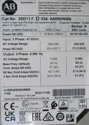 ALLEN BRADLEY 20G11FD034AA0NNNNN POWERFLEX 755 DRIVE NEW SURPLUS