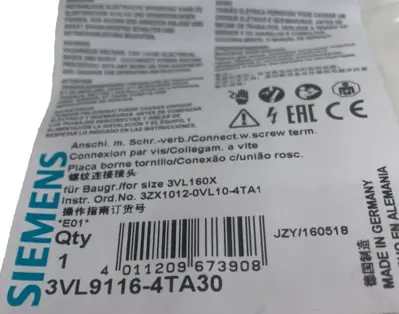 NEW SIEMENS 3VL9116-4TA30 CONNECTION W/SCREW TERMINAL 3VL91164TA30